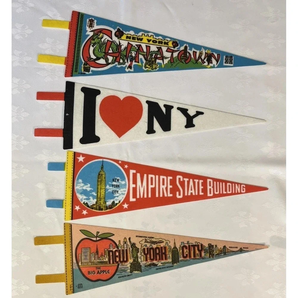 4 Vintage New York City Souvenir Pennants  Retro Chinatown ,Dragon , Skyline